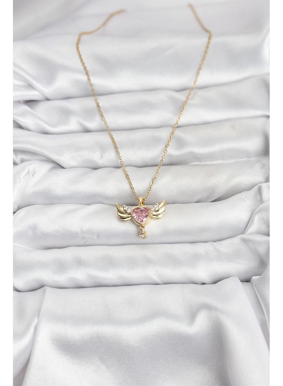 316L Çelik Zincir Gold Renk Kanatlı Kalp Model Zirkon Taşlı Kadın Kolye