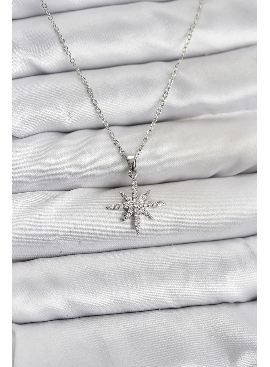 316L Çelik Zincir Gümüş Renk Kutup Yıldızı Model Zirkon Taşlı Kadın Kolye