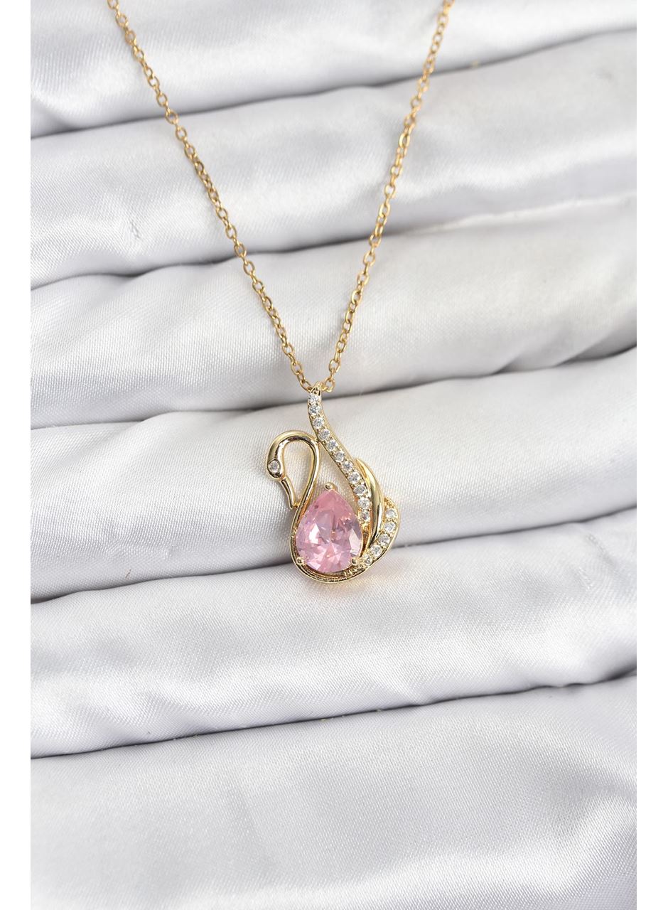 316L Çelik Zincir Gold Renk Pembe Kuğu Model Zirkon Taşlı Kadın Kolye