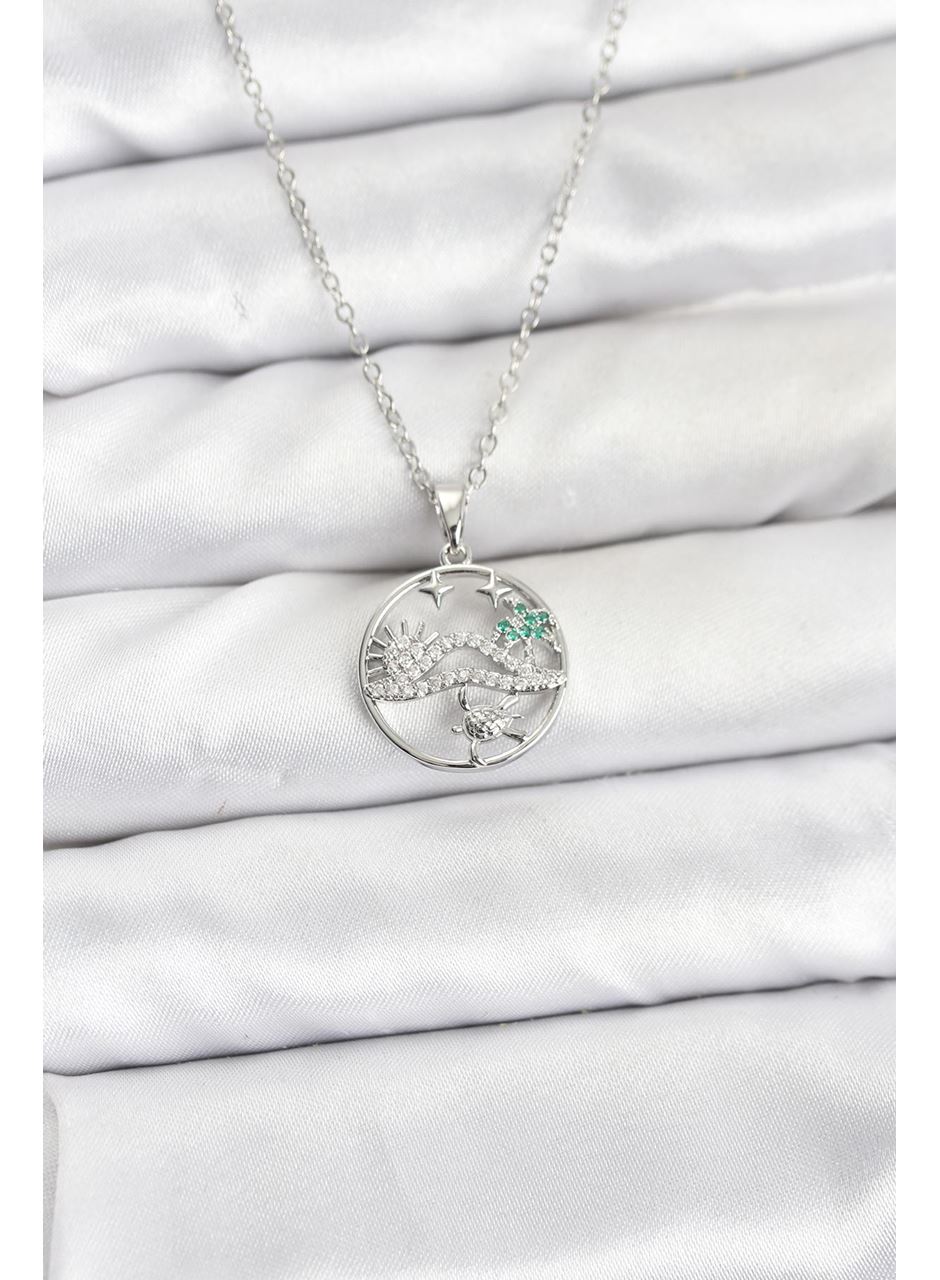 316L Çelik Zincir Gümüş Renk Şans Kolyesi Model Zirkon Taşlı Kadın Kolye