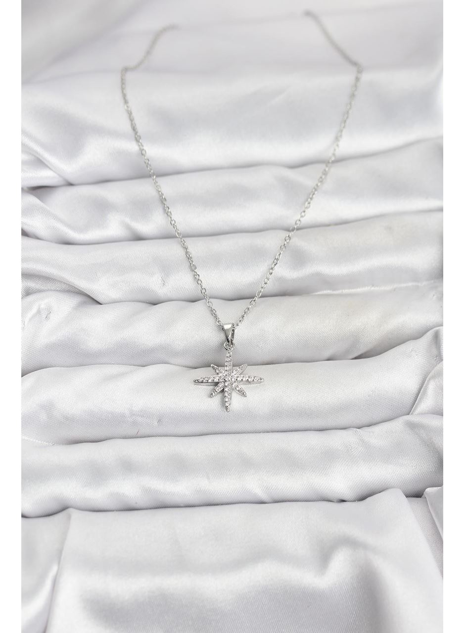 316L Çelik Zincir Gümüş Renk Kutup Yıldızı Model Zirkon Taşlı Kadın Kolye