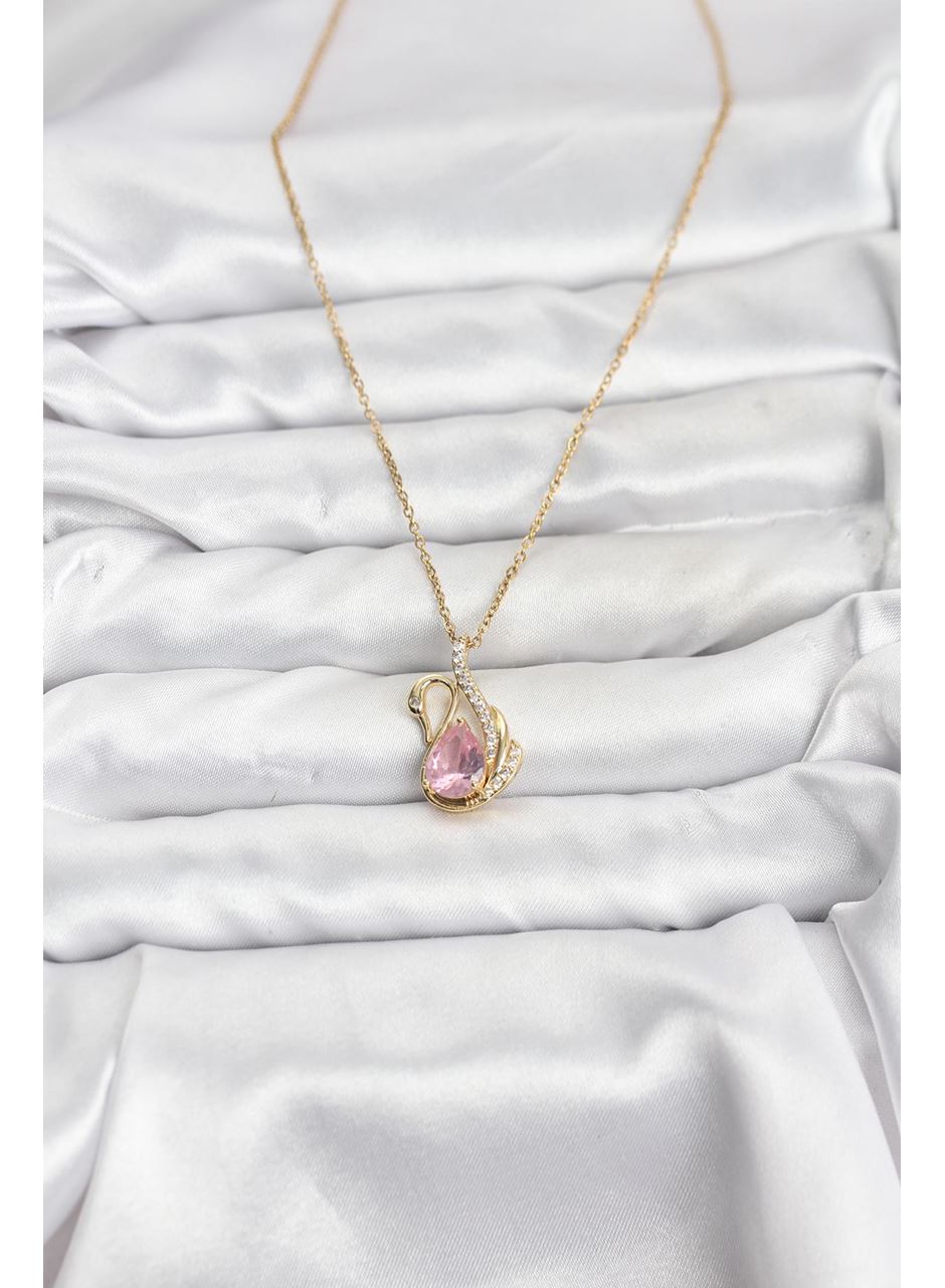 316L Çelik Zincir Gold Renk Pembe Kuğu Model Zirkon Taşlı Kadın Kolye