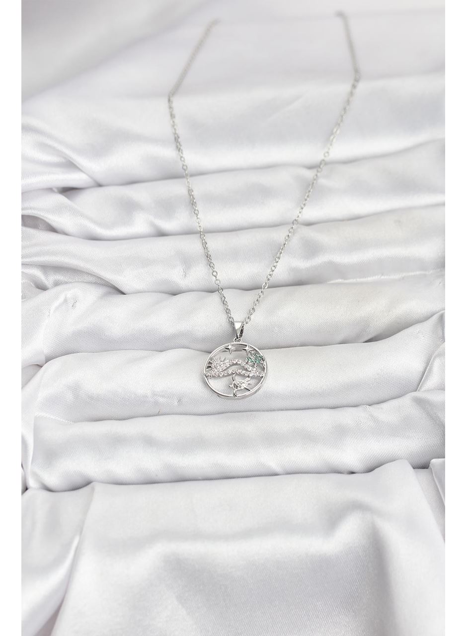 316L Çelik Zincir Gümüş Renk Şans Kolyesi Model Zirkon Taşlı Kadın Kolye