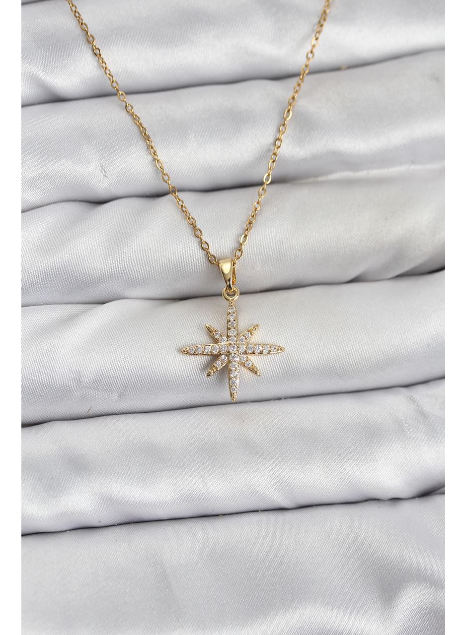316L Çelik Zincir Gold Renk Kutup Yıldızı Model Zirkon Taşlı Kadın Kolye