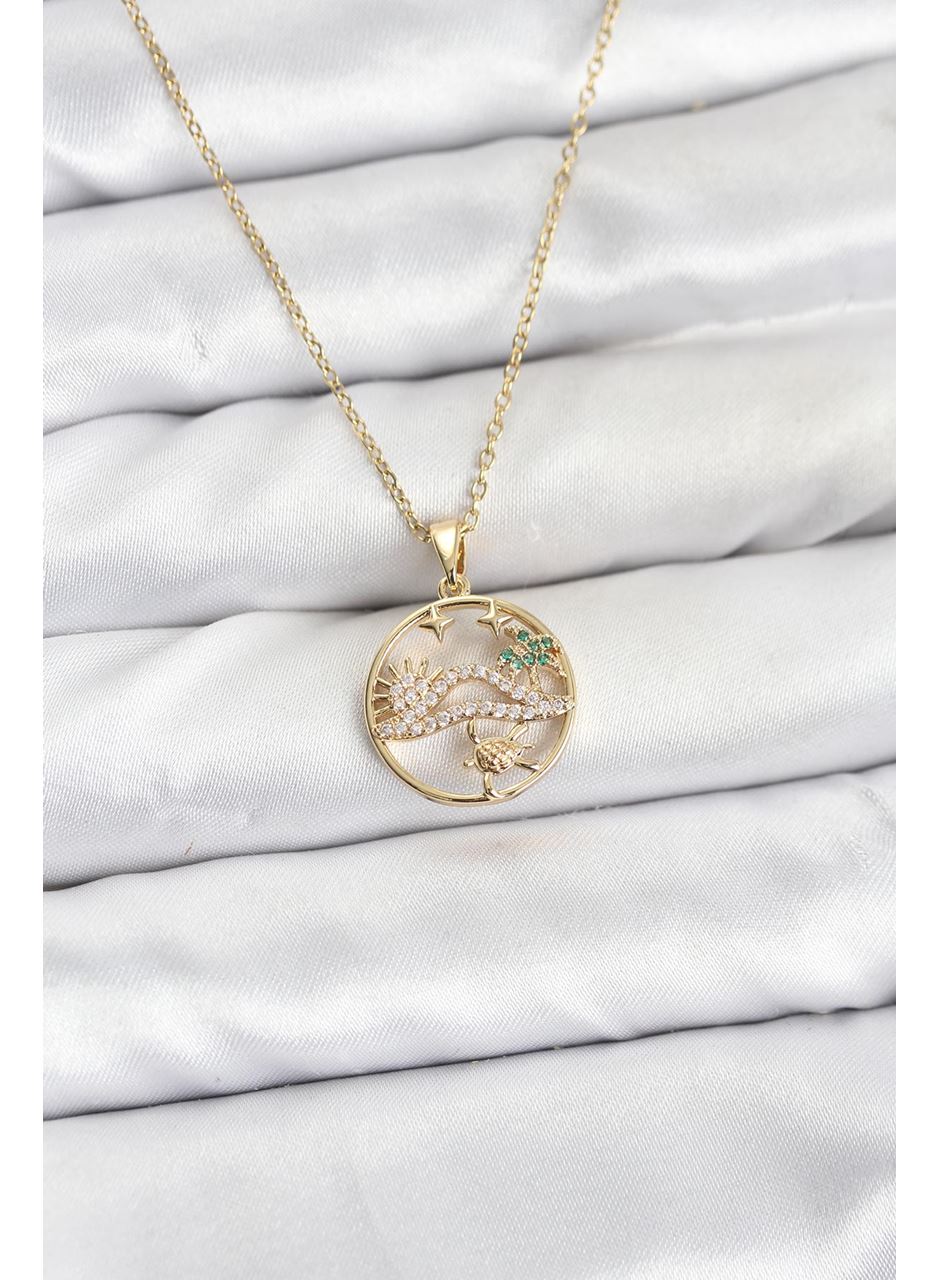 316L Çelik Zincir Gold Renk Şans Kolyesi Model Zirkon Taşlı Kadın Kolye