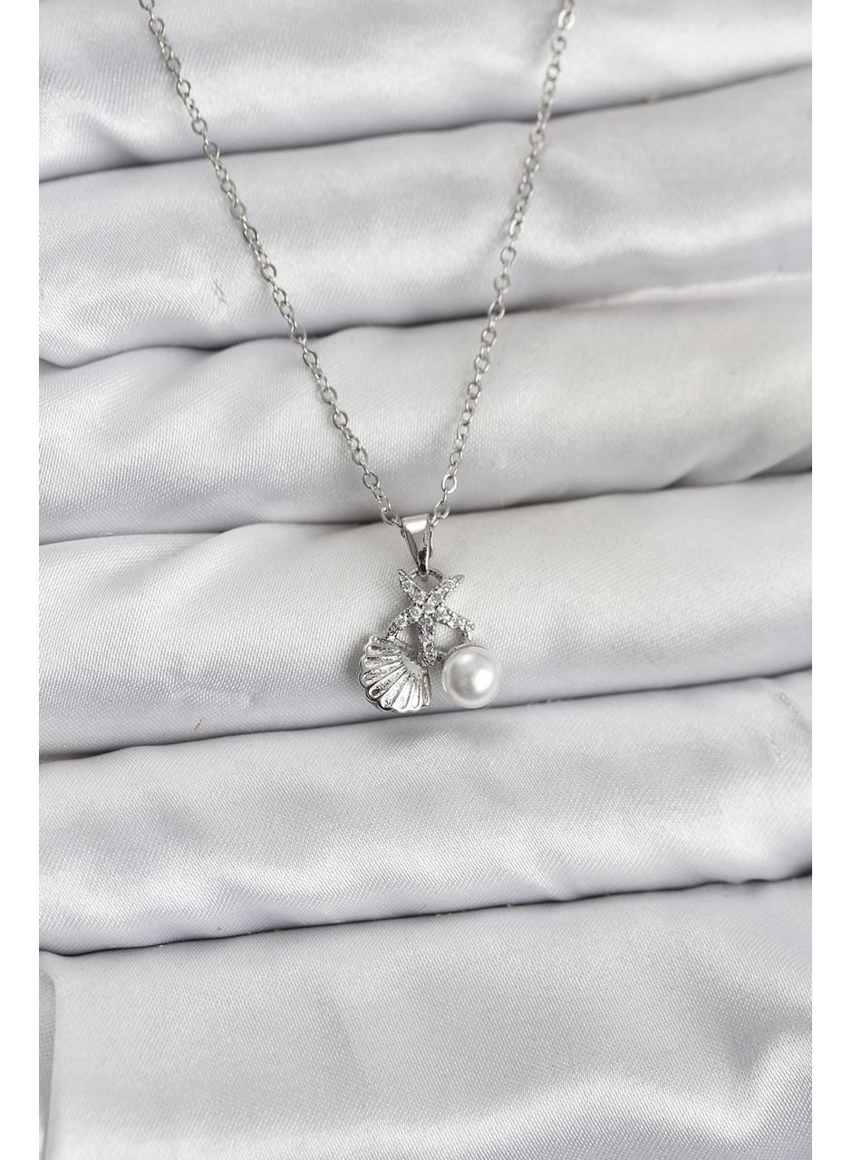 316L Çelik Zincir Gümüş Renk Deniz Kabuğu ve Deniz Yıldızı Model Zirkon Taşlı Kadın Kolye