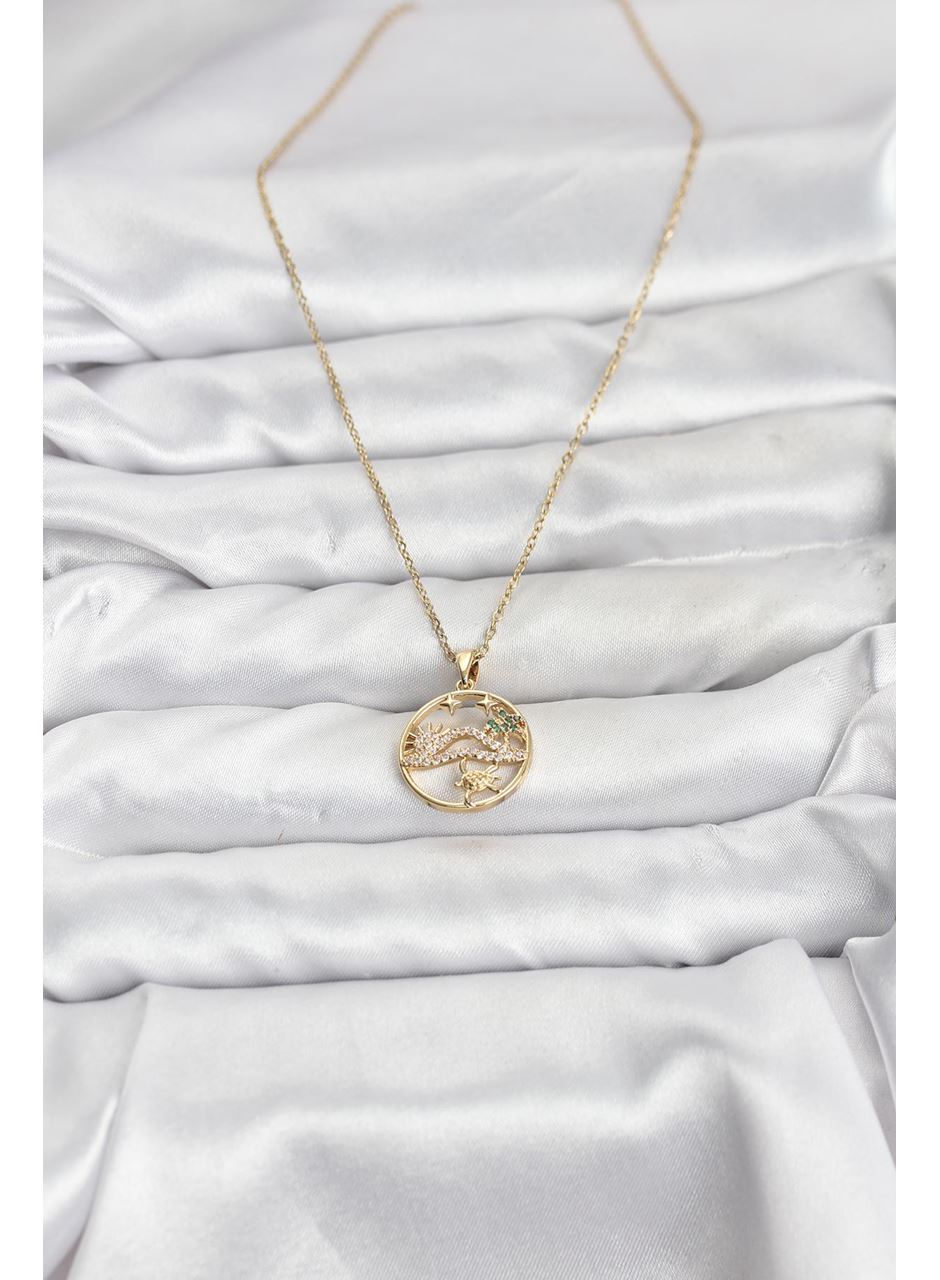 316L Çelik Zincir Gold Renk Şans Kolyesi Model Zirkon Taşlı Kadın Kolye