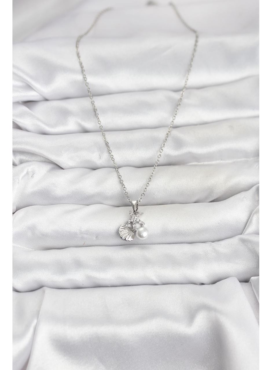 316L Çelik Zincir Gümüş Renk Deniz Kabuğu ve Deniz Yıldızı Model Zirkon Taşlı Kadın Kolye