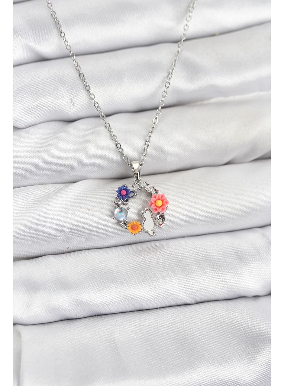 316L Çelik Zincir Gümüş Renk Çiçekli Kedili Model Kadın Kolye