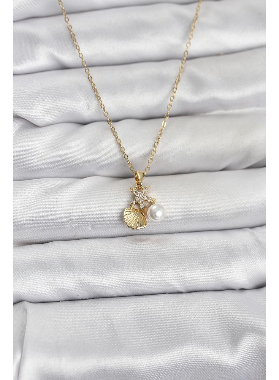 316L Çelik Zincir Gold Renk Deniz Kabuğu ve Deniz Yıldızı Model Zirkon Taşlı Kadın Kolye