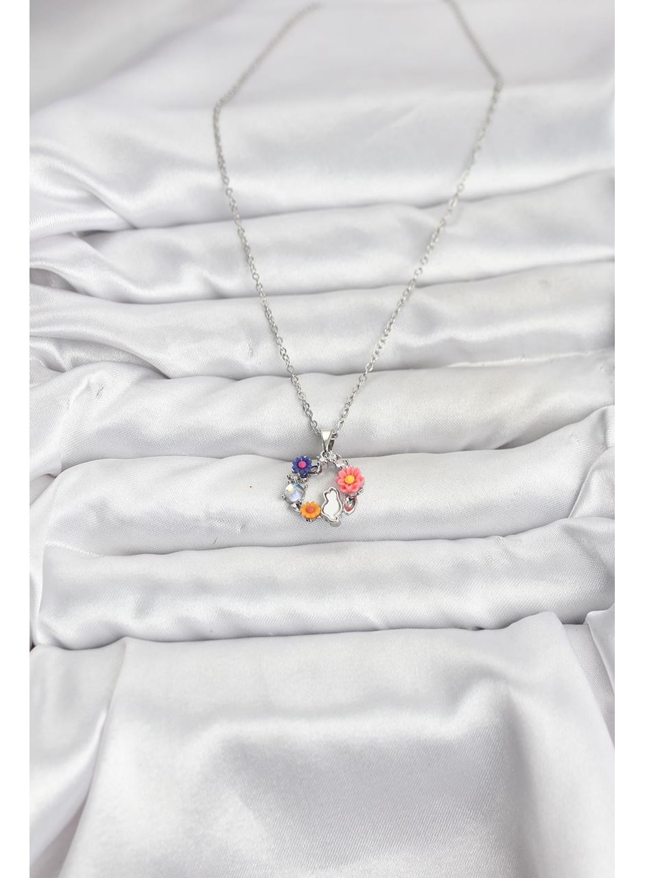 316L Çelik Zincir Gümüş Renk Çiçekli Kedili Model Kadın Kolye