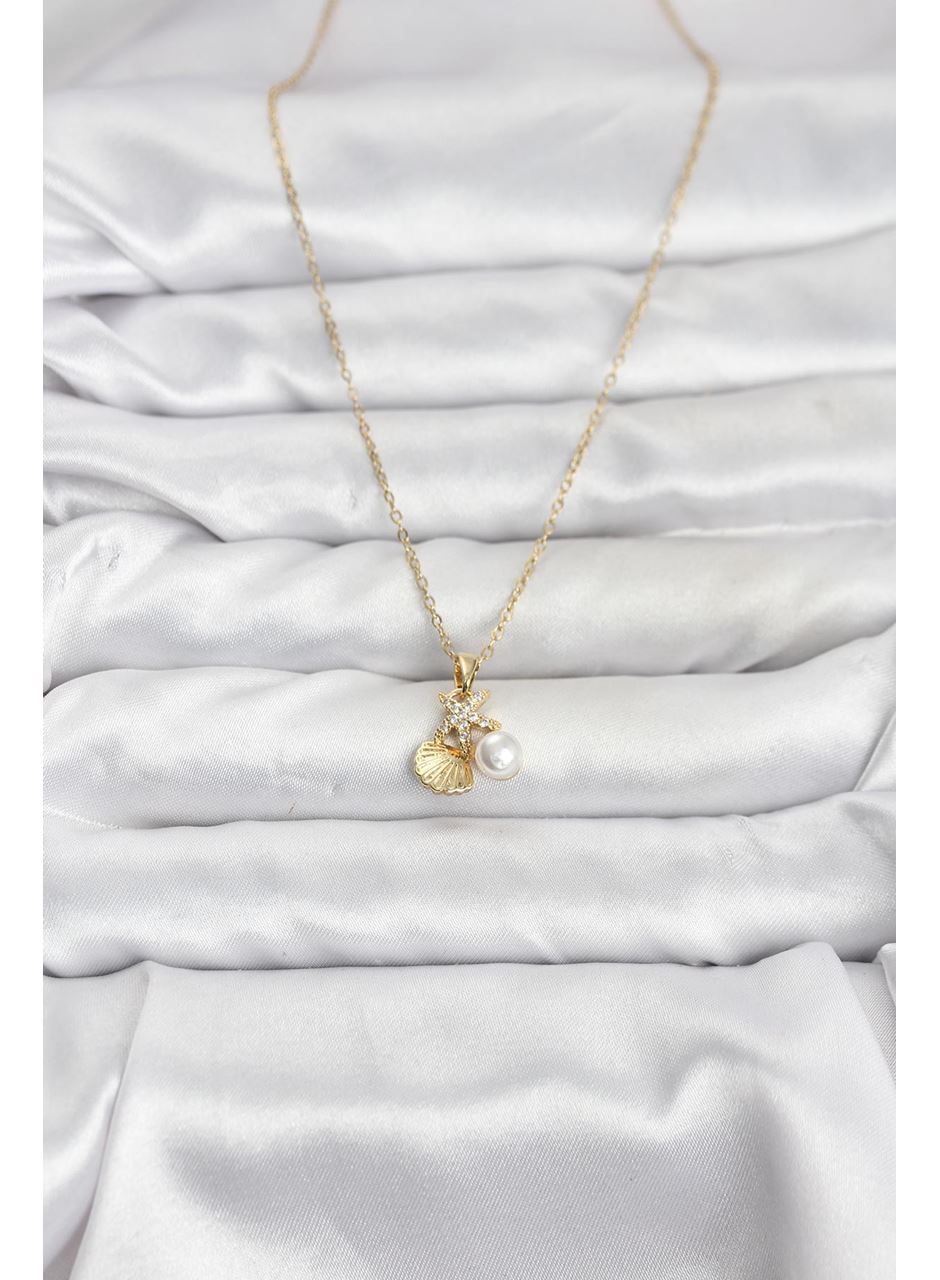 316L Çelik Zincir Gold Renk Deniz Kabuğu ve Deniz Yıldızı Model Zirkon Taşlı Kadın Kolye