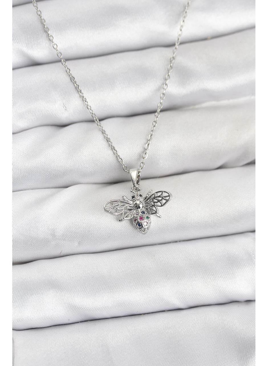 316L Çelik Zincir Gümüş Renk Sinek Model Zirkon Taşlı Kadın Kolye