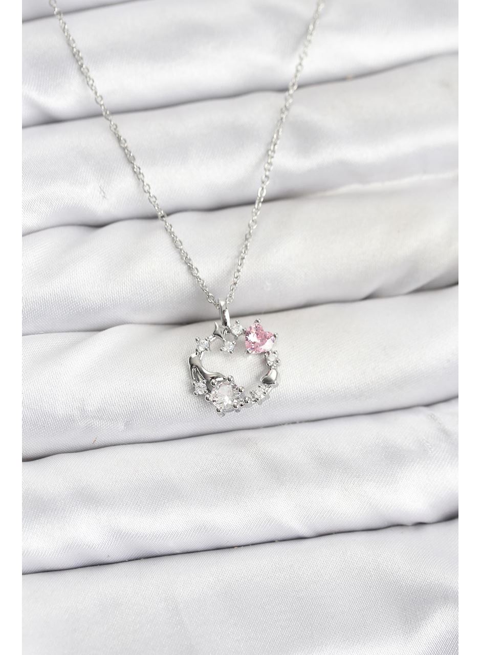 316L Çelik Zincir Gümüş Renk Pembe Taş Detaylı Çelenk Model Kadın Kolye