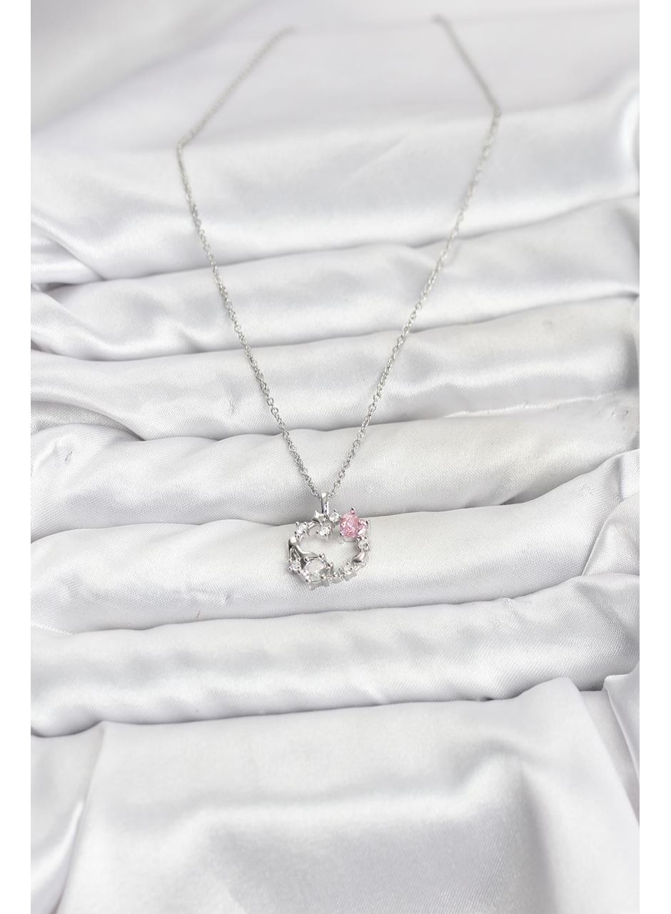 316L Çelik Zincir Gümüş Renk Pembe Taş Detaylı Çelenk Model Kadın Kolye