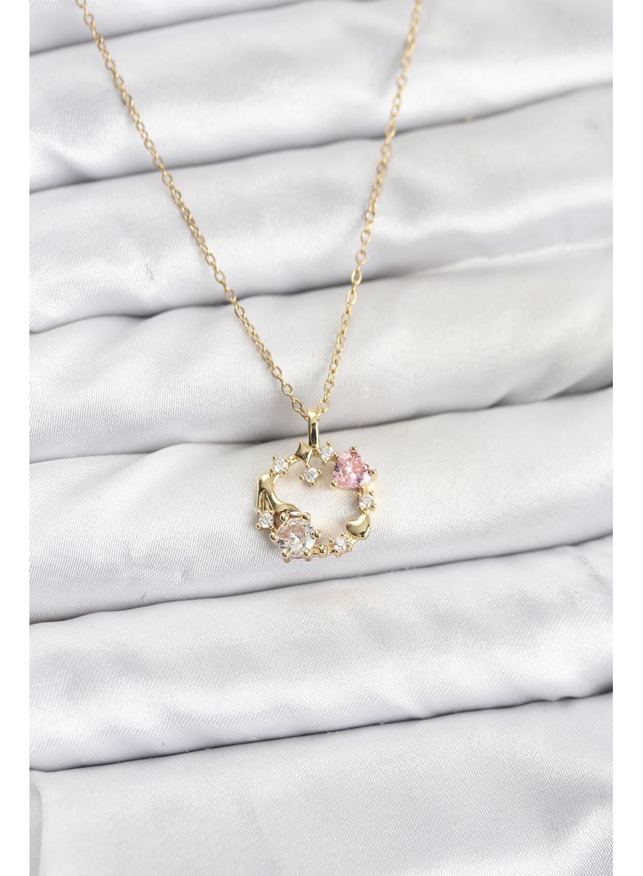 316L Çelik Zincir Gold Renk Pembe Taş Detaylı Çelenk Model Kadın Kolye