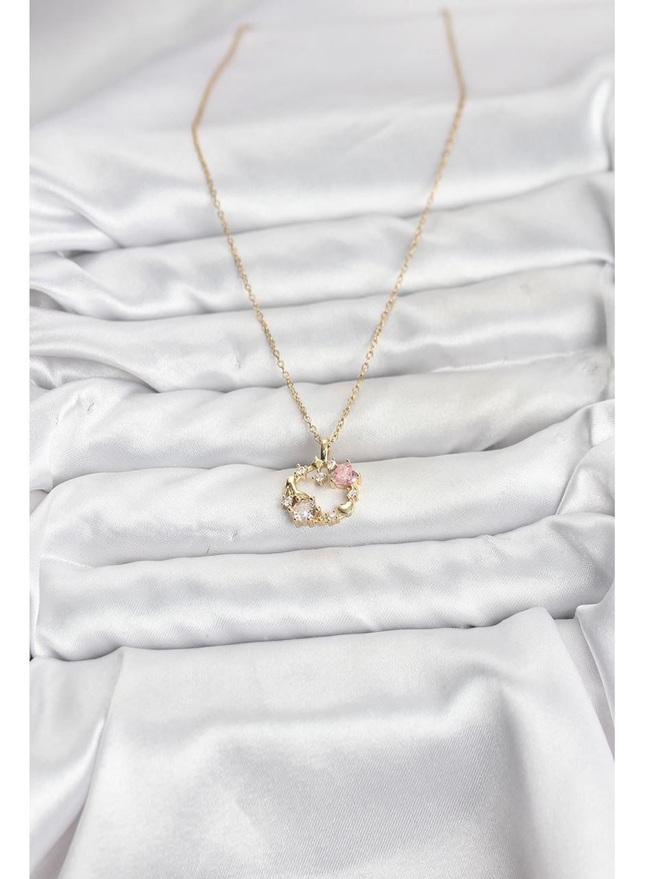 316L Çelik Zincir Gold Renk Pembe Taş Detaylı Çelenk Model Kadın Kolye