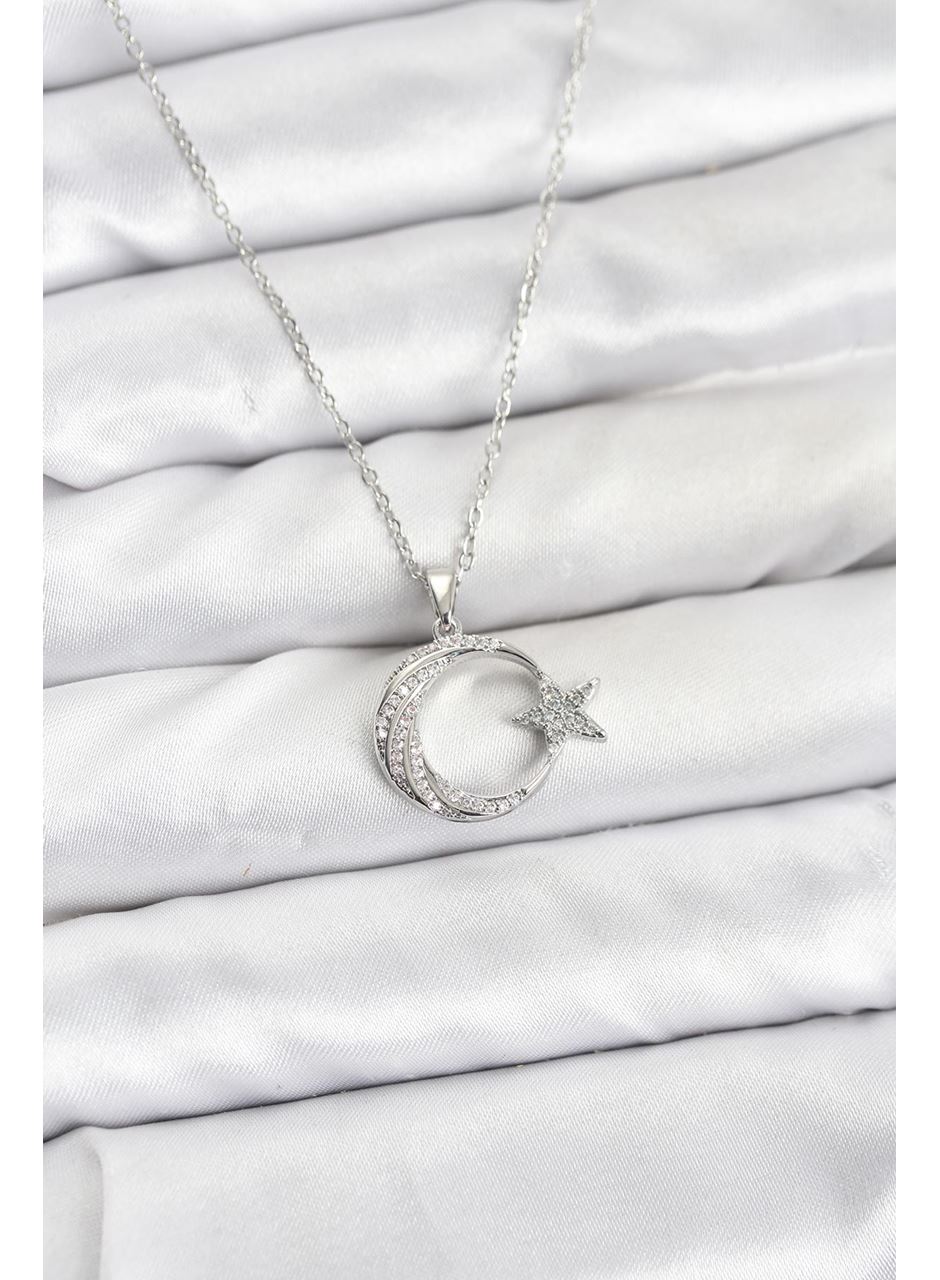 316L Çelik Zincir Gümüş Renk Ay Yıldız Model Zirkon Taşlı Kadın Kolye