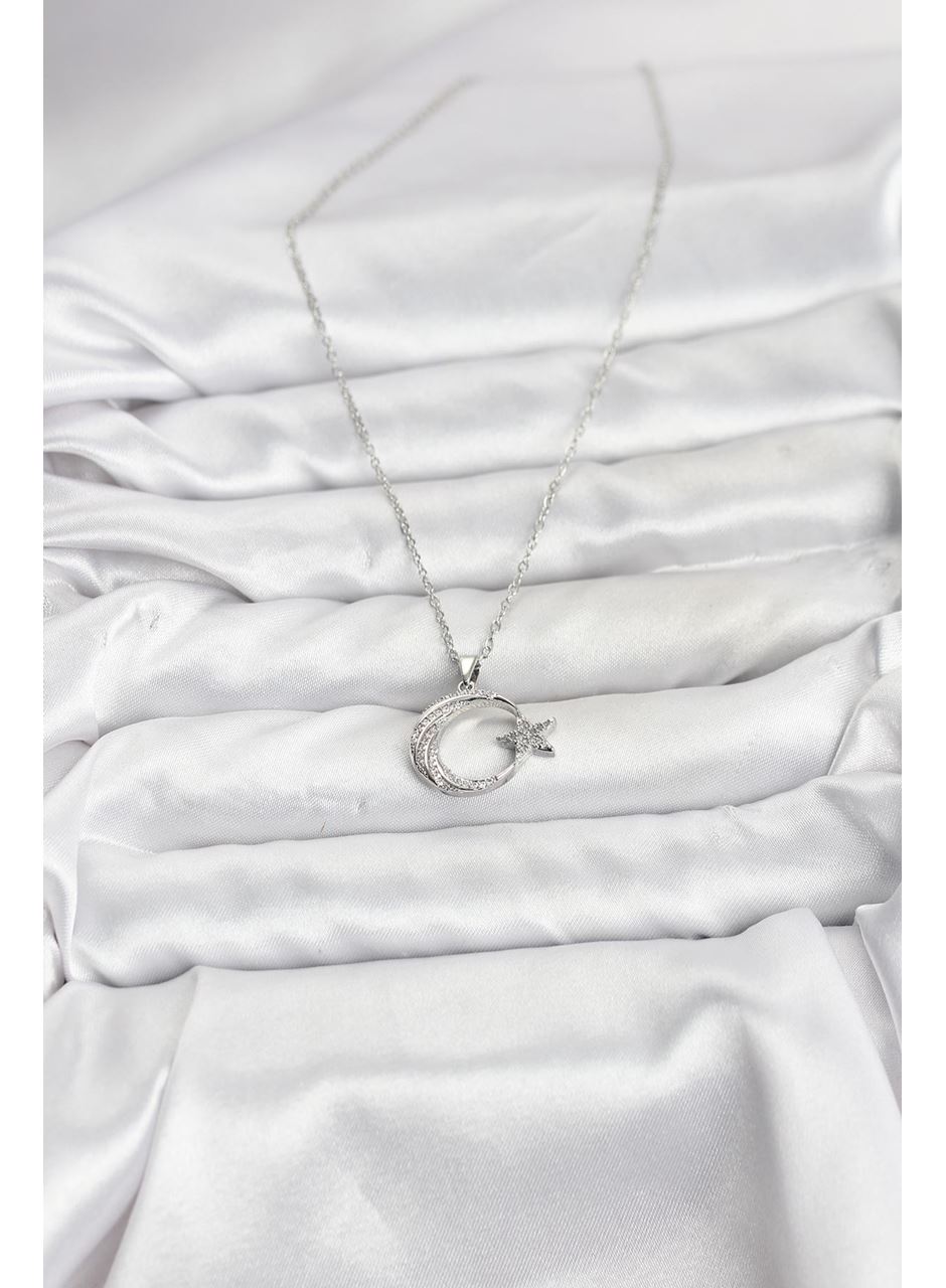 316L Çelik Zincir Gümüş Renk Ay Yıldız Model Zirkon Taşlı Kadın Kolye