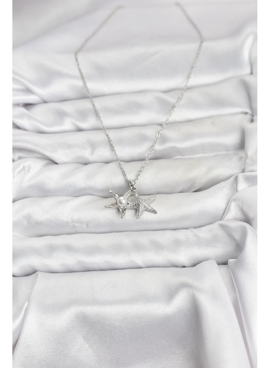 316L Çelik Zincir Gümüş Renk Deniz Yıldızı Model Zirkon Taşlı Kadın Kolye