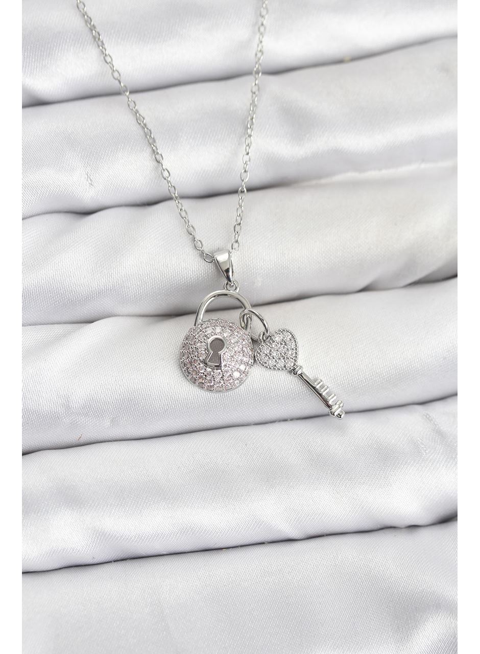 316L Çelik Zincir Gümüş Renk Kilit Anahtar Model Zirkon Taşlı Kadın Kolye