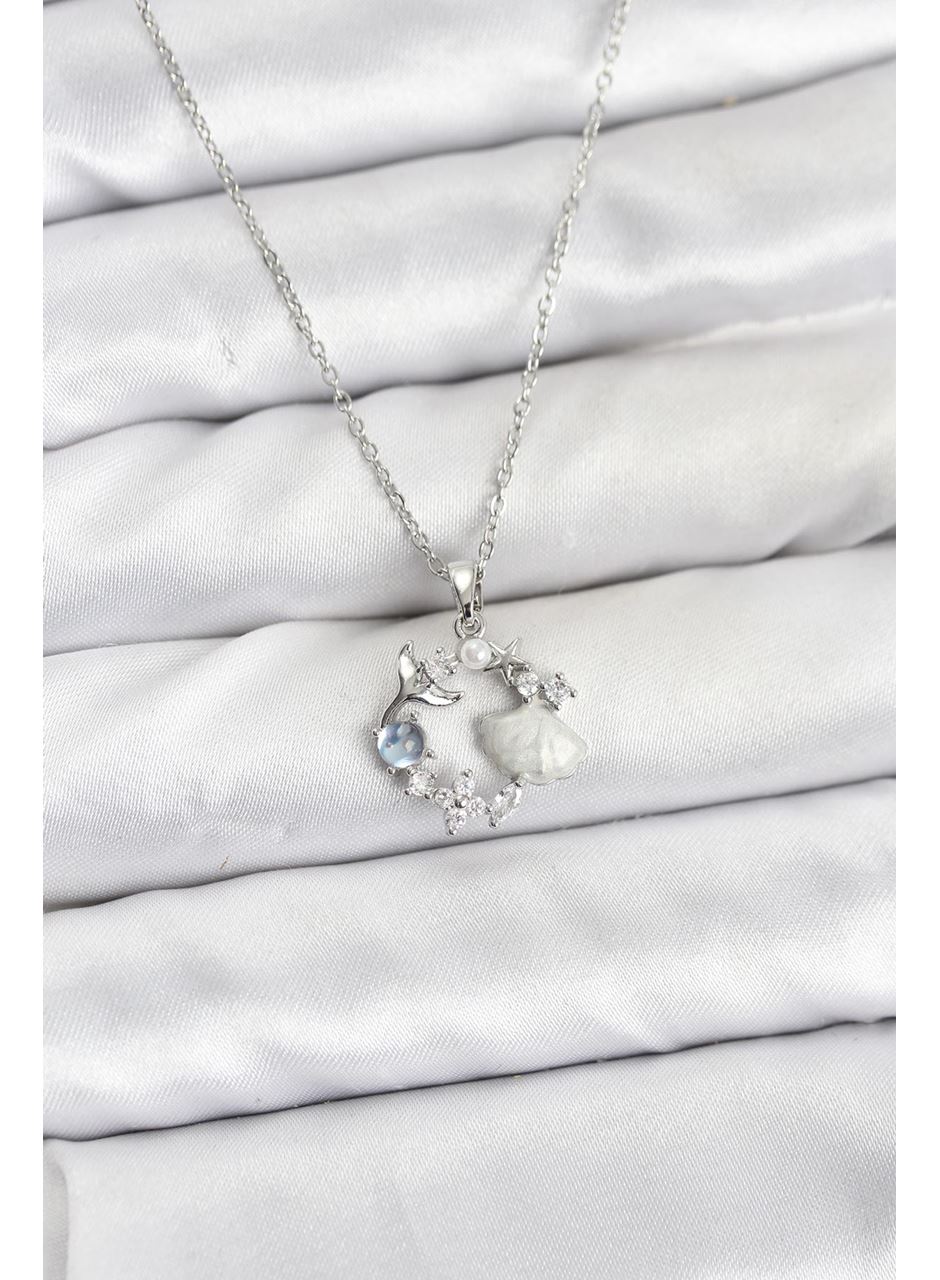 316L Çelik Zincir Gümüş Renk Deniz Tema Model Zirkon Taşlı Kadın Kolye
