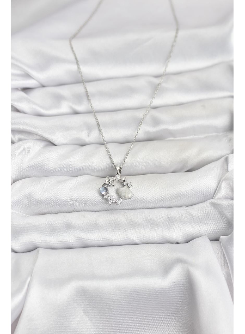 316L Çelik Zincir Gümüş Renk Deniz Tema Model Zirkon Taşlı Kadın Kolye