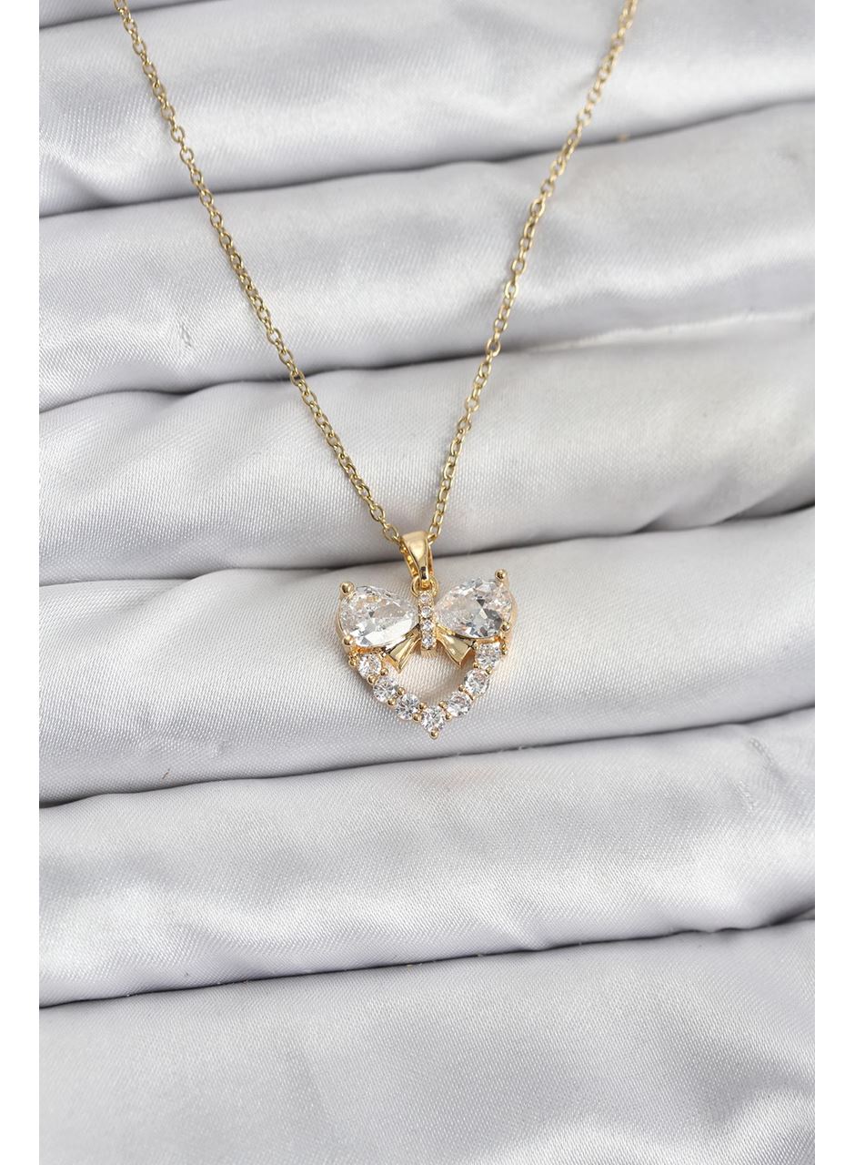 316L Çelik Zincir Gold Renk Kalp ve Fiyonk Model Zirkon Taşlı Kadın Kolye