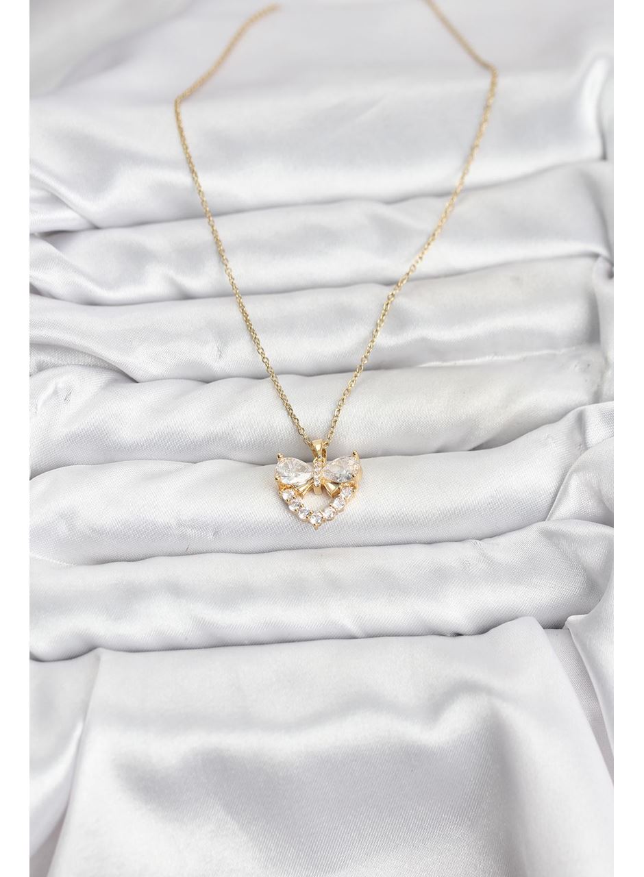 316L Çelik Zincir Gold Renk Kalp ve Fiyonk Model Zirkon Taşlı Kadın Kolye