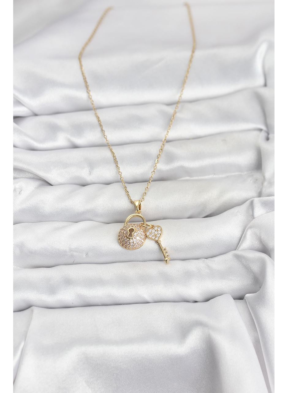 316L Çelik Zincir Gold Renk Kilit Anahtar Model Zirkon Taşlı Kadın Kolye