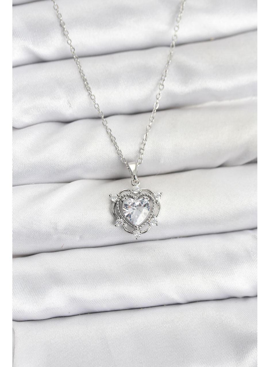 316L Çelik Zincir Gümüş Renk Kalp Model Zirkon Taşlı Kadın Kolye