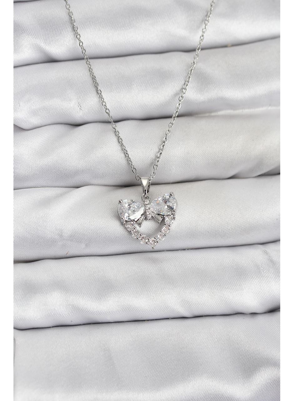 316L Çelik Zincir Gümüş Renk Kalp ve Fiyonk Model Zirkon Taşlı Kadın Kolye