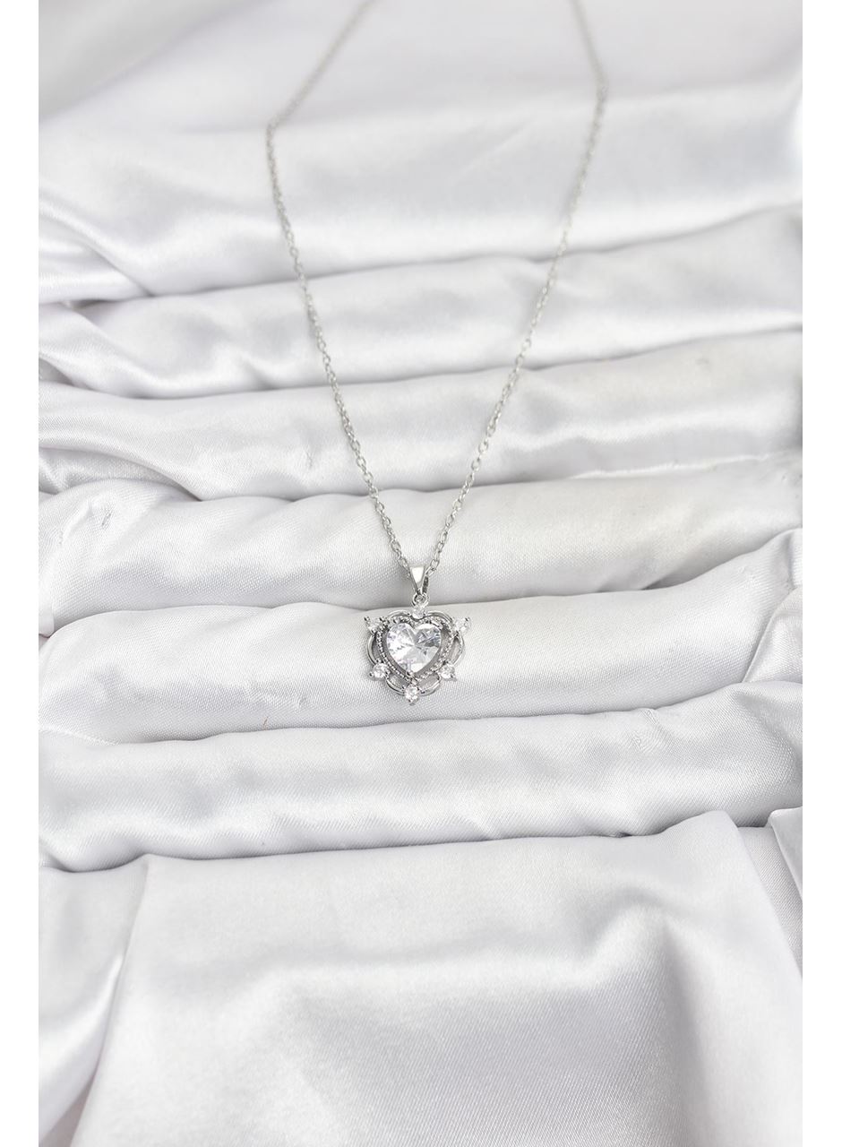 316L Çelik Zincir Gümüş Renk Kalp Model Zirkon Taşlı Kadın Kolye