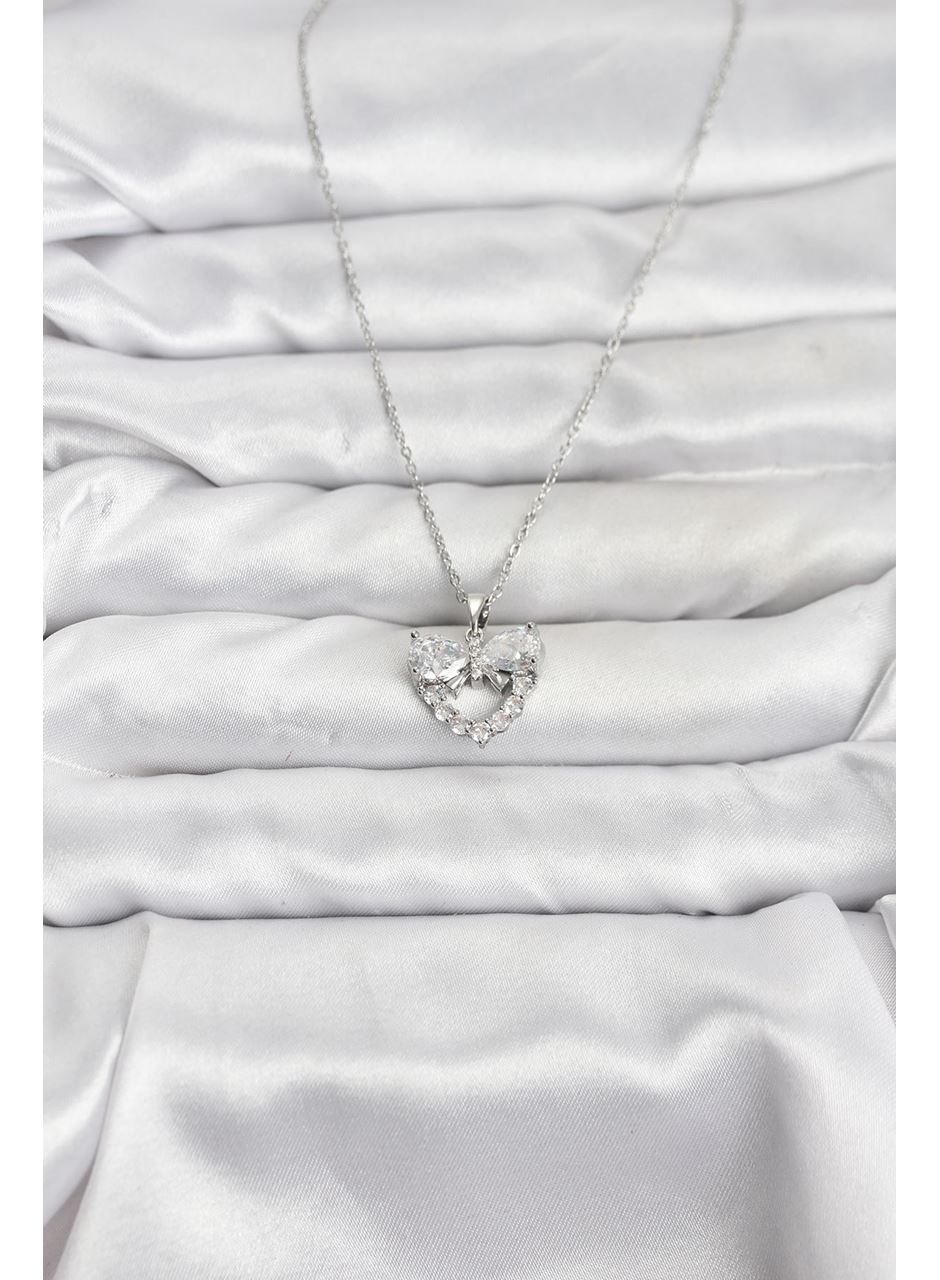 316L Çelik Zincir Gümüş Renk Kalp ve Fiyonk Model Zirkon Taşlı Kadın Kolye