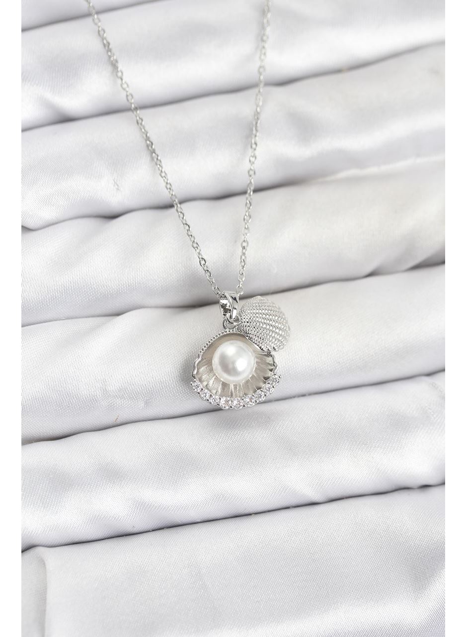 316L Çelik Zincir Gümüş Renk İncili Deniz Kabuğu Model Zirkon Taşlı Kadın Kolye