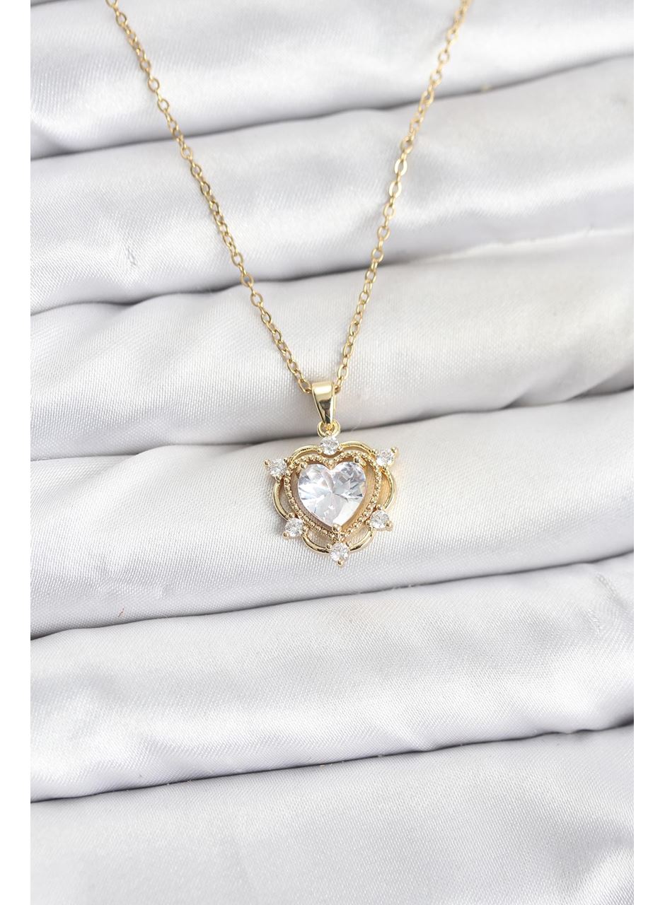316L Çelik Zincir Gold Renk Kalp Model Zirkon Taşlı Kadın Kolye