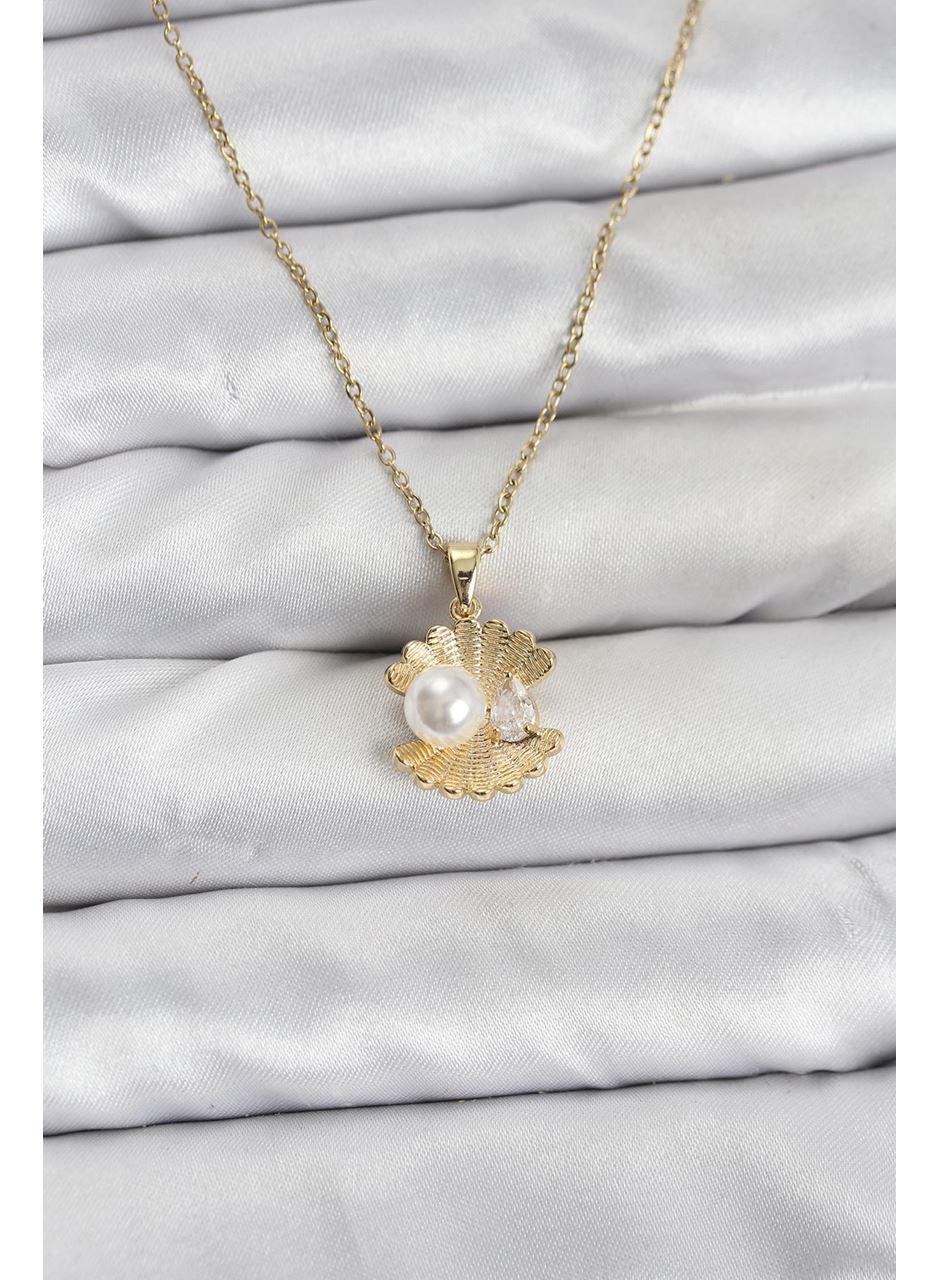 316L Çelik Zincir Gold Renk İstiridye İnci Model Zirkon Taşlı Kadın Kolye