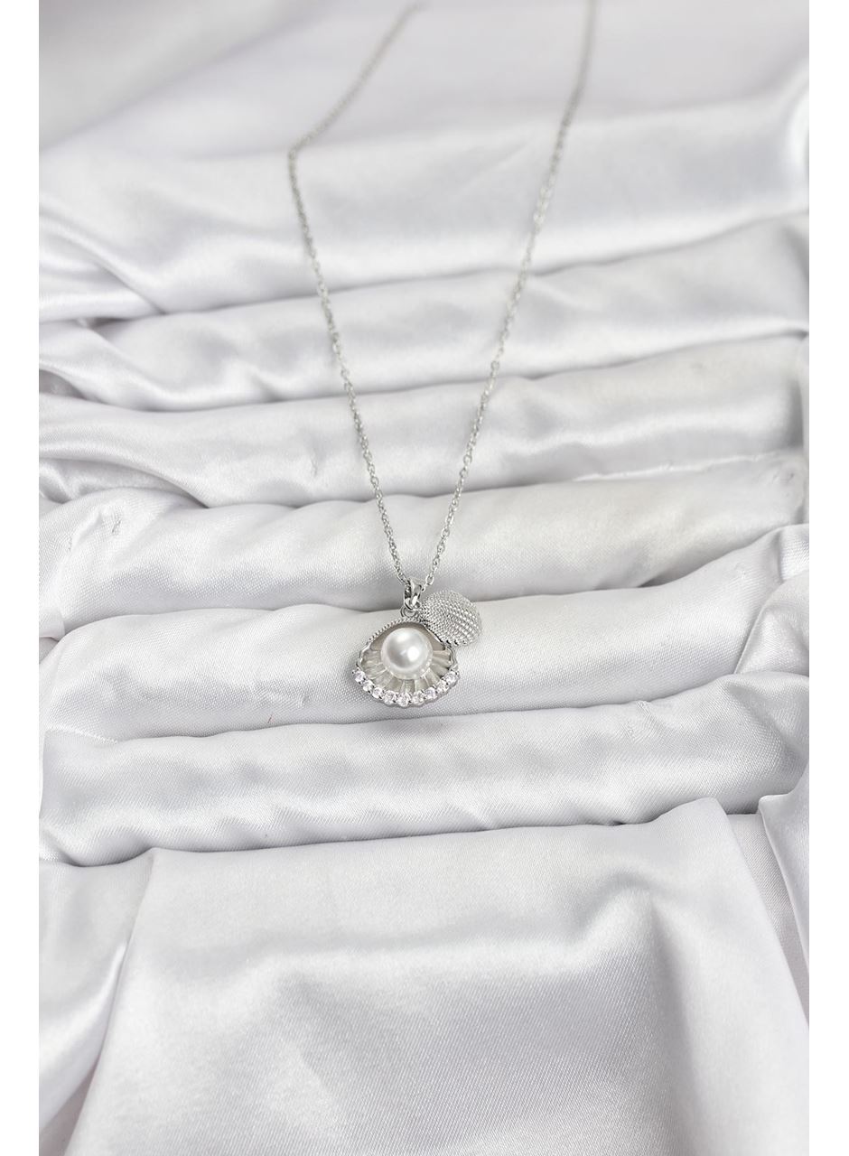 316L Çelik Zincir Gümüş Renk İncili Deniz Kabuğu Model Zirkon Taşlı Kadın Kolye