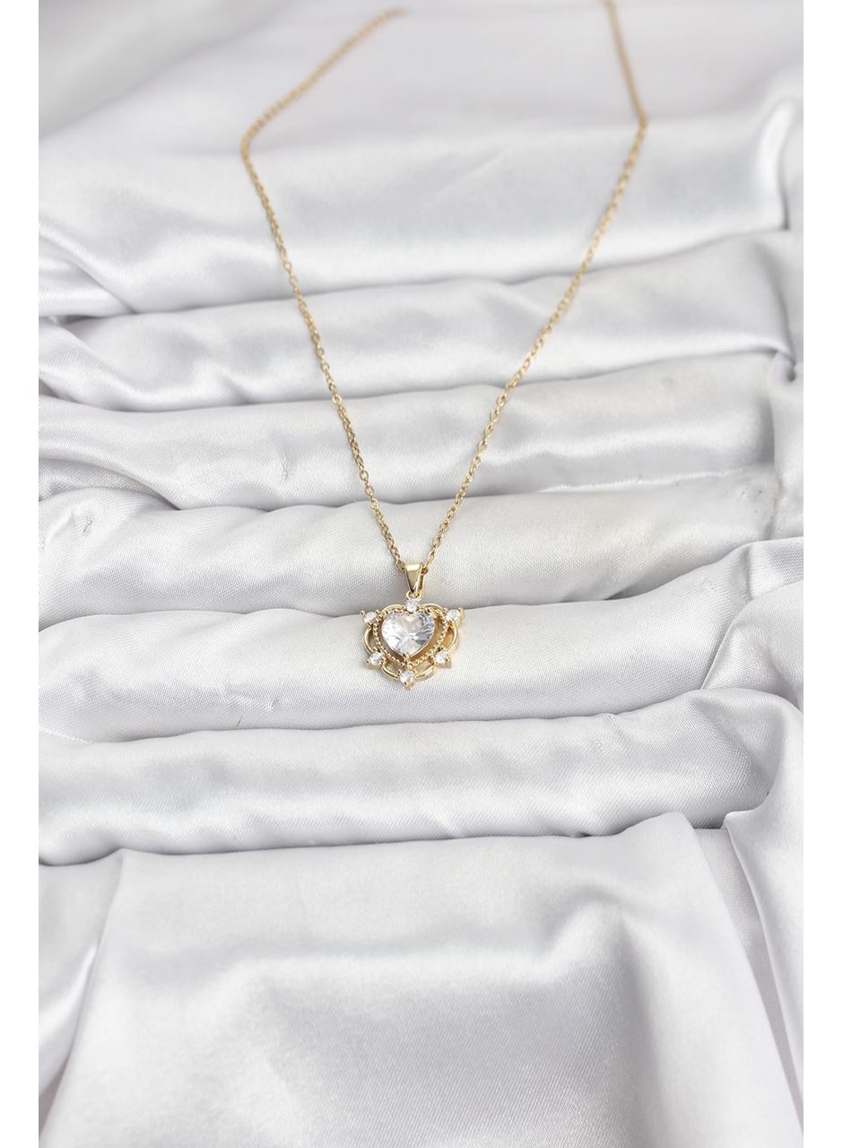 316L Çelik Zincir Gold Renk Kalp Model Zirkon Taşlı Kadın Kolye