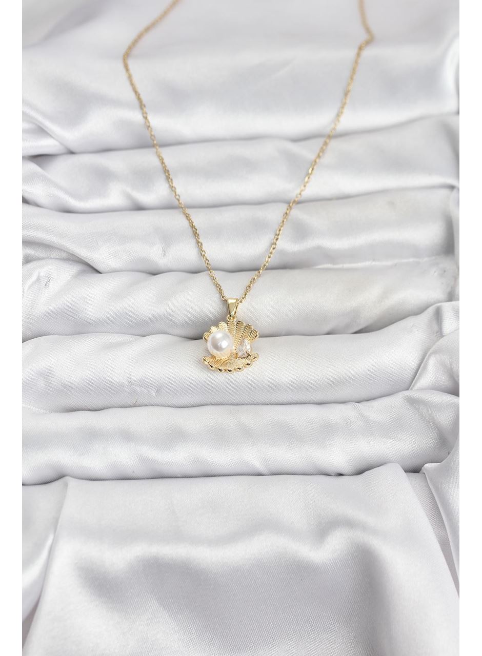 316L Çelik Zincir Gold Renk İstiridye İnci Model Zirkon Taşlı Kadın Kolye