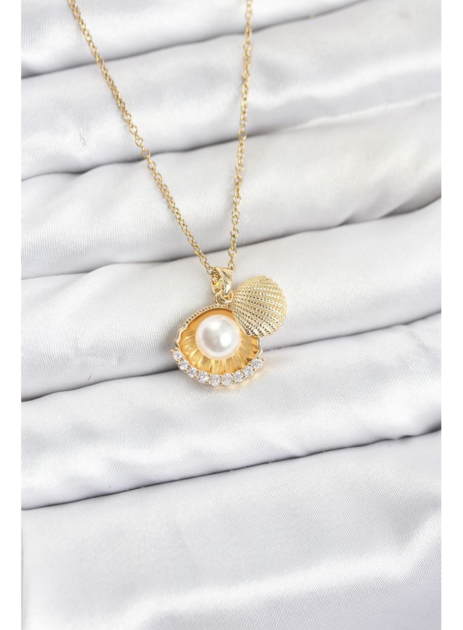 316L Çelik Zincir Gold Renk İncili Deniz Kabuğu Model Zirkon Taşlı Kadın Kolye