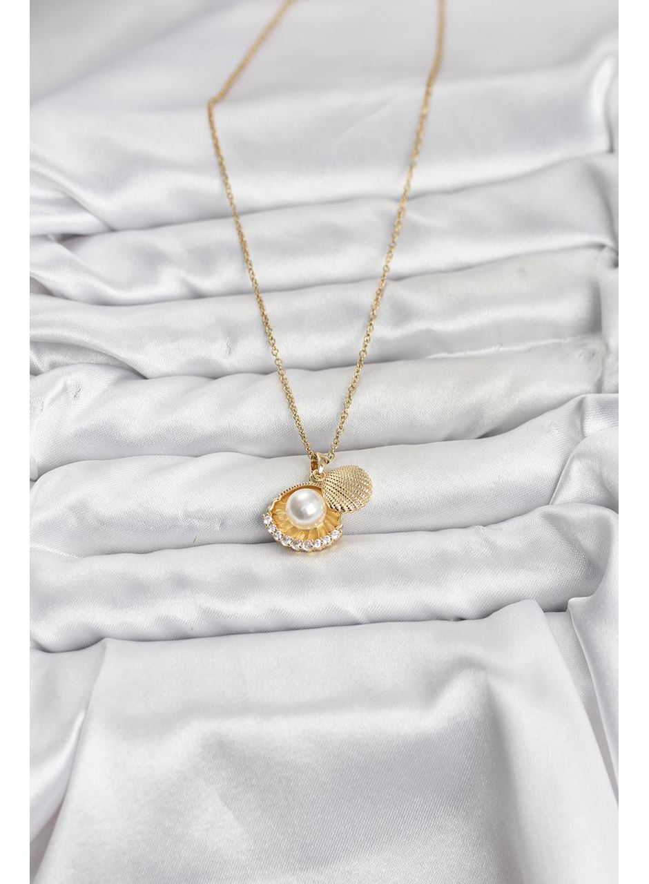 316L Çelik Zincir Gold Renk İncili Deniz Kabuğu Model Zirkon Taşlı Kadın Kolye