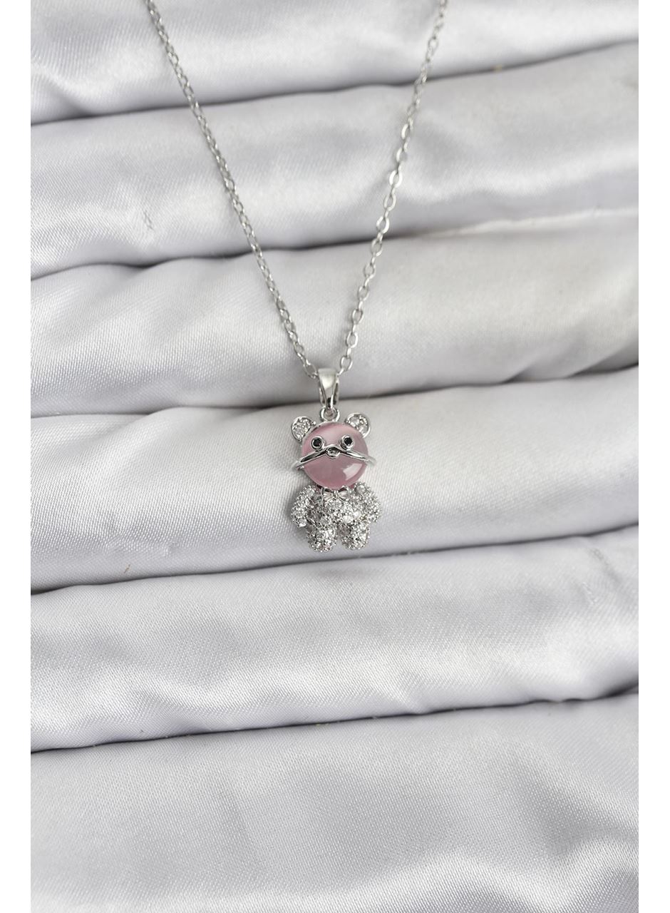 316L Çelik Zincir Gümüş Renk Teddy Bear Model Zirkon Taşlı Kadın Kolye