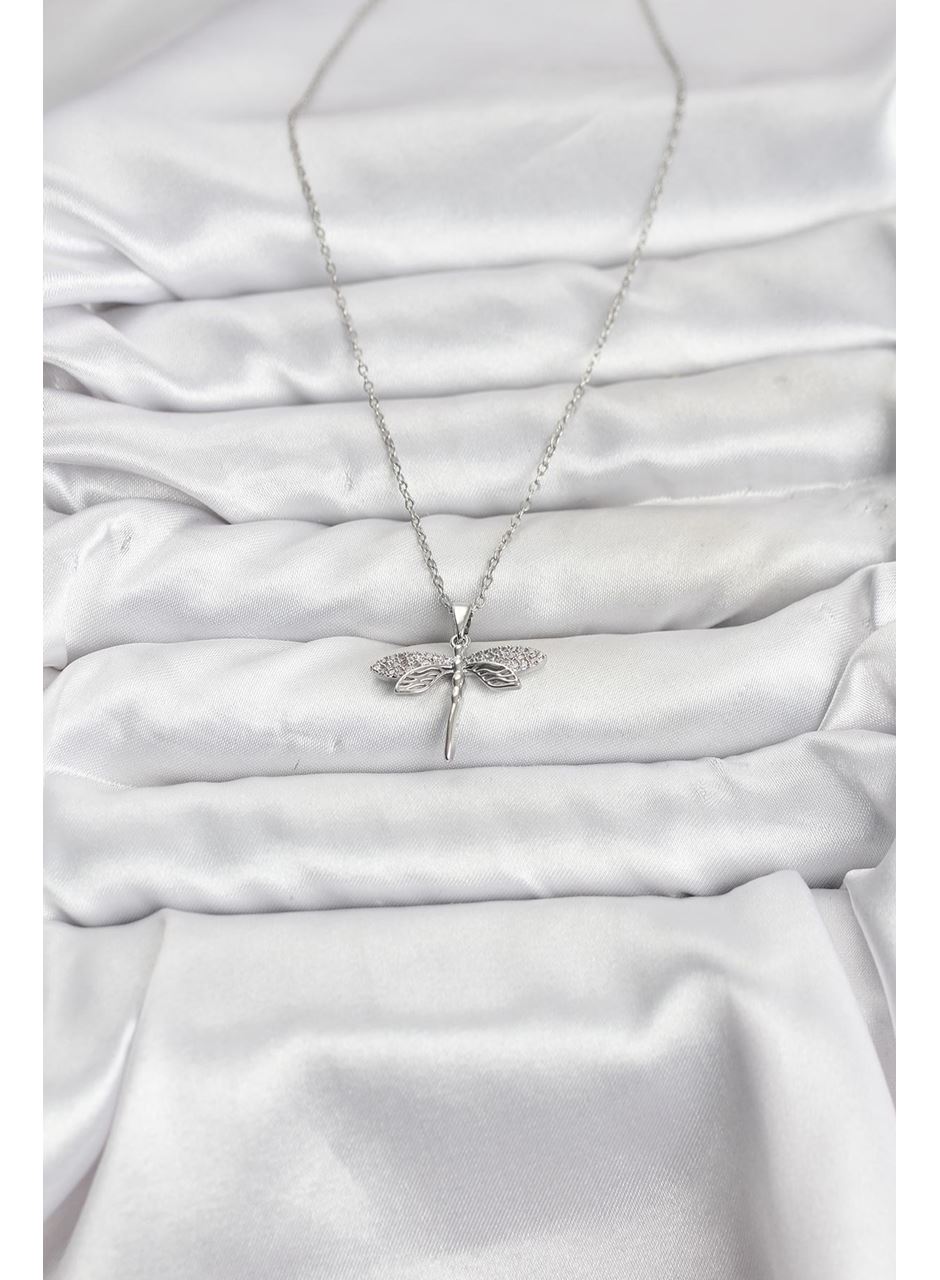 316L Çelik Zincir Gümüş Renk Yusufçuk Model Zirkon Taşlı Kadın Kolye