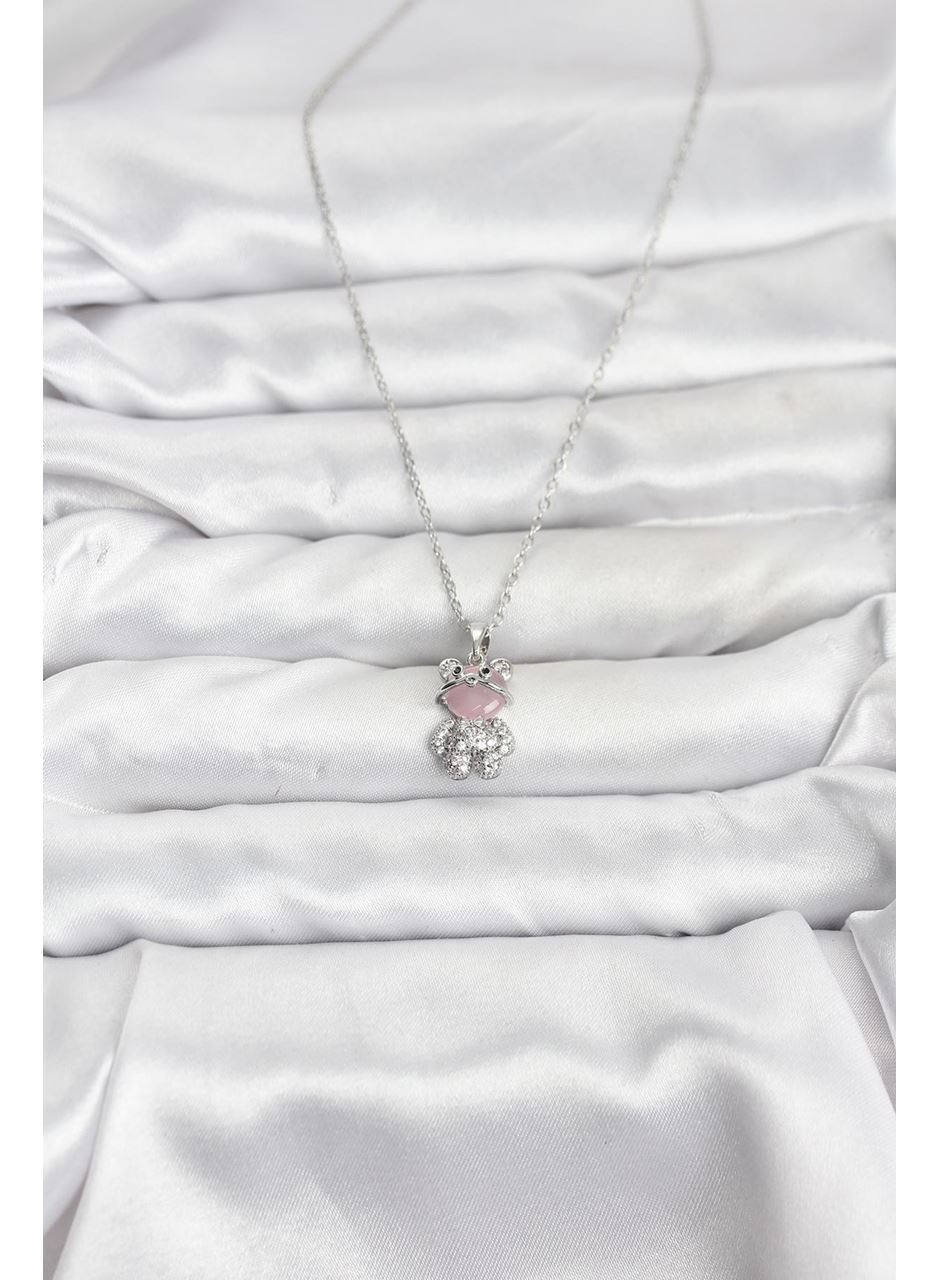 316L Çelik Zincir Gümüş Renk Teddy Bear Model Zirkon Taşlı Kadın Kolye