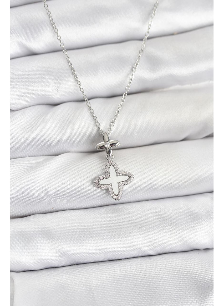 316L Çelik Zincir Gümüş Renk 4 Yapraklı Yonca Model Zirkon Taşlı Kadın Kolye