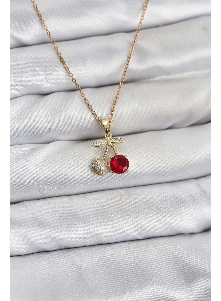 316L Çelik Zincir Gold Renk Kiraz Model Zirkon Taşlı Kadın Kolye