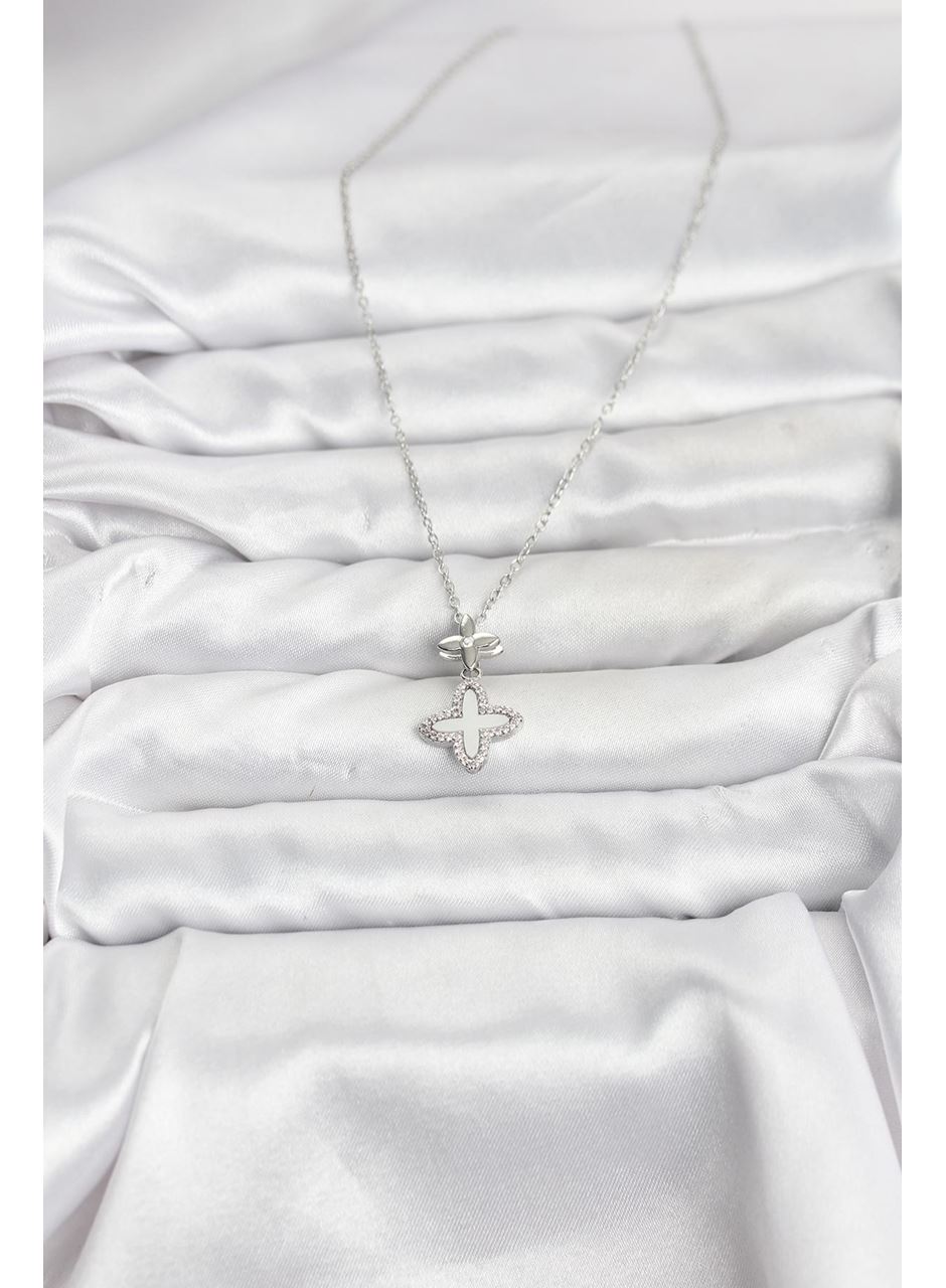 316L Çelik Zincir Gümüş Renk 4 Yapraklı Yonca Model Zirkon Taşlı Kadın Kolye