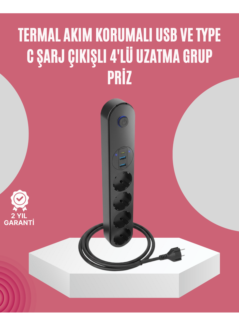 Led Anahtarlı Akım Korumalı Çoklu Priz 4 Priz 3 USB Girişli