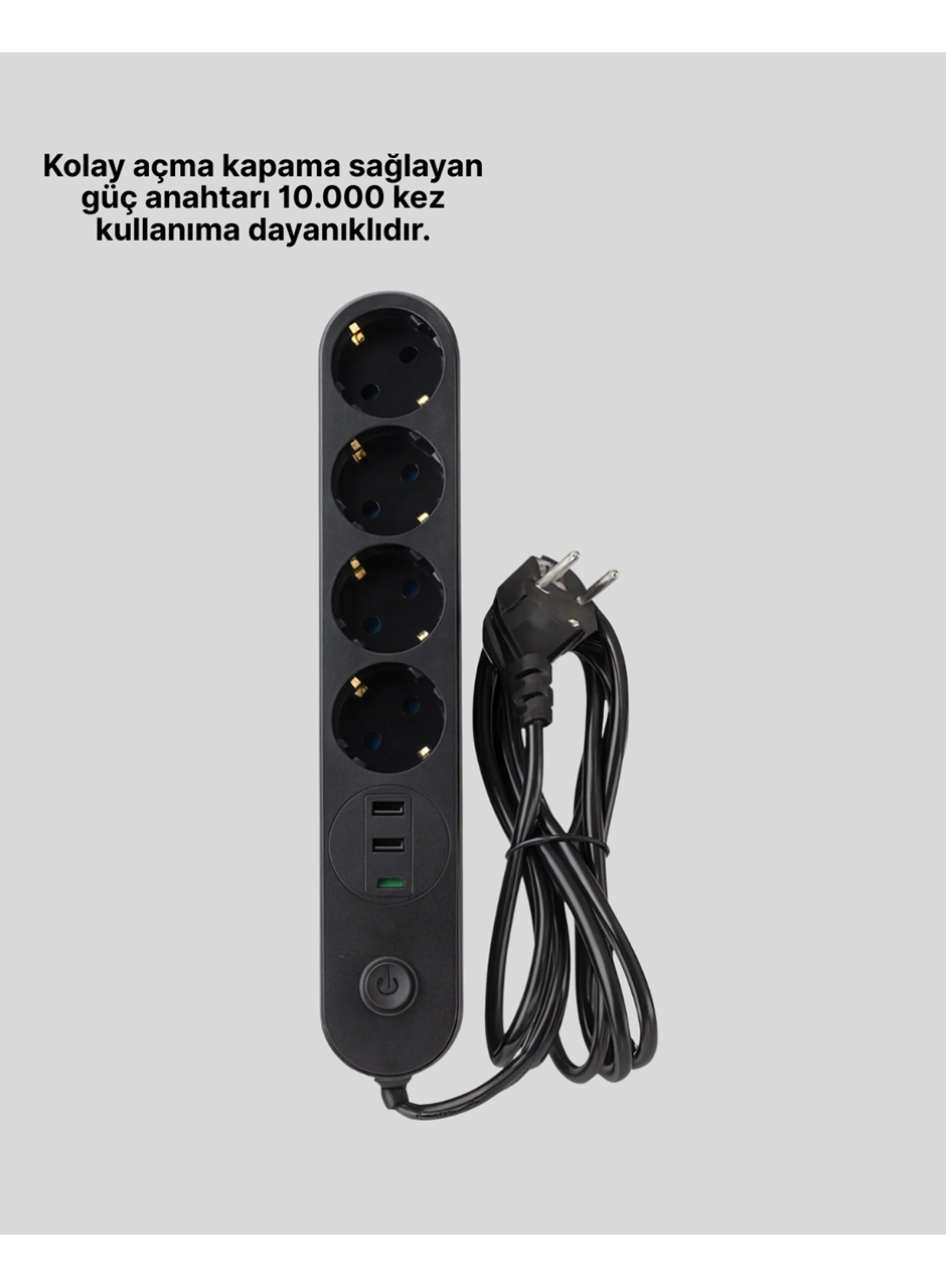 4’lü Çoklu Priz 2 USB Type-C Girişli Akım Korumalı Siyah